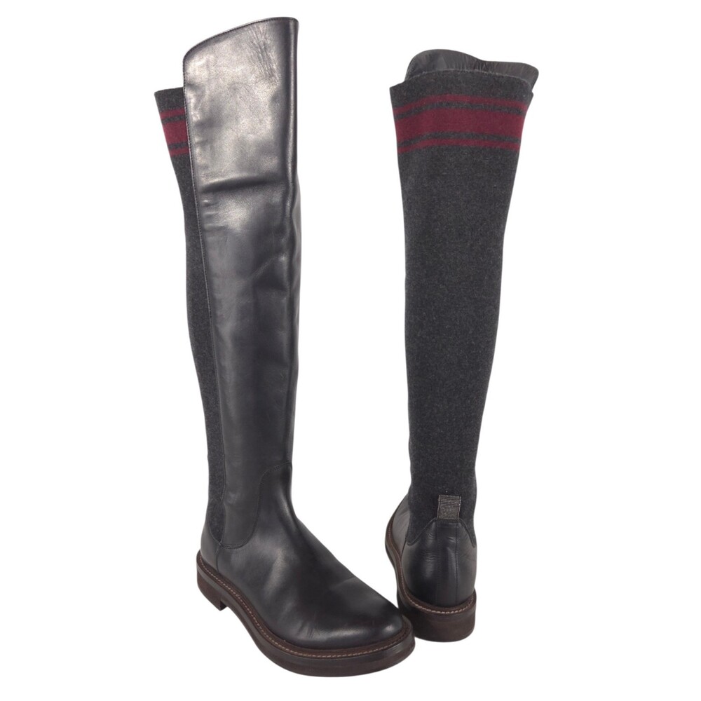 Brunello Cucinelli Monili Knee High Boots US 7 EU 37 Womens Black Gray $2150